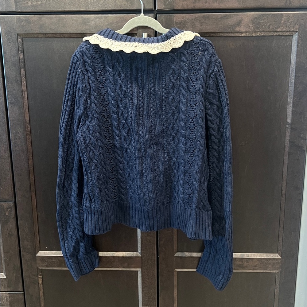 Jessica Simpson Navy Cable Knit Cardigan with Cream Collar EUC - Picture 5 of 6
